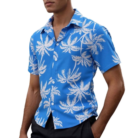 FINALGANG Mens Short Sleeve Hawaiian Shirt With Coconut Tree Print Casual Button Down Collared Shirt For Summer Beach Vacation Daily Wear Blue XXL