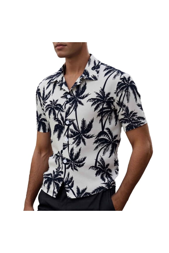 Mens Short Sleeve Hawaiian Shirt With Coconut Tree Print Casual Button Down Collared Shirt For Summer Beach Vacation Daily Wear White S