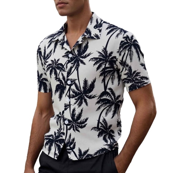 FINALGANG Mens Short Sleeve Hawaiian Shirt With Coconut Tree Print Casual Button Down Collared Shirt For Summer Beach Vacation Daily Wear White XXXL