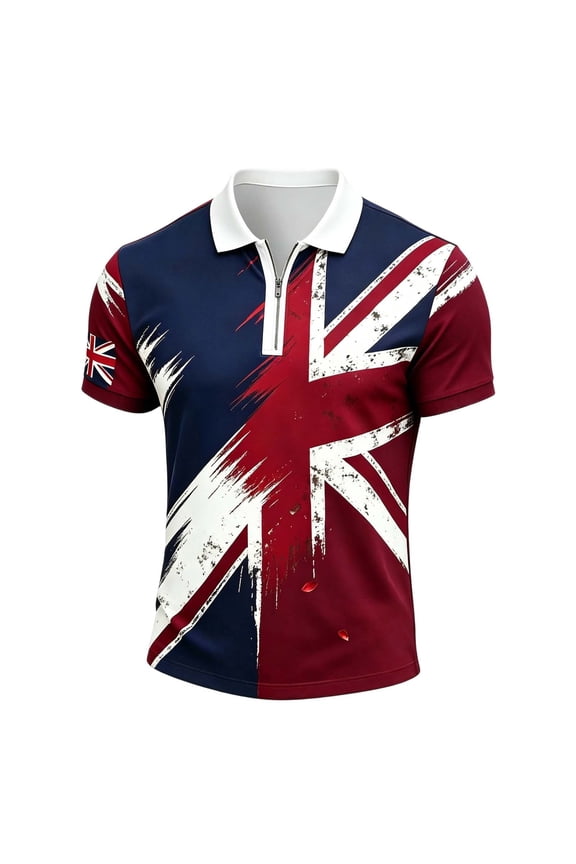 Mens Short Sleeve Polo Shirt With Union Jack Print Half Zip Collar Contrast Trim Slim Fit Breathable For Patriotic Events Sports Casual Summer Wear Versatile Top