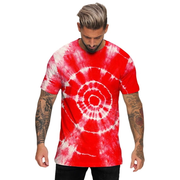 FINALGANG Mens Short Sleeve Tie Dye TShirts Spiral Pattern Casual Crewneck Loose Fit Tees For Summer Festival Beach Party Daily Wear Red L
