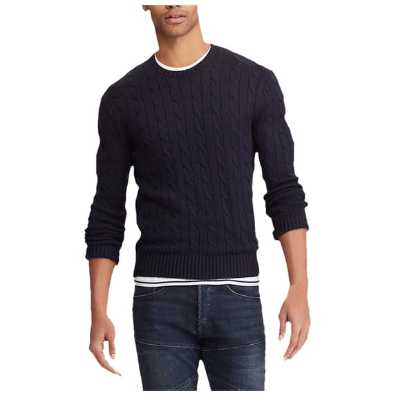 FINALGANG Mens Solid Color Cable Knit Crewneck Sweater Long Sleeve Ribbed Hem Solid Color Casual Jumper For Daily Wear Casual Outings Blue XXL