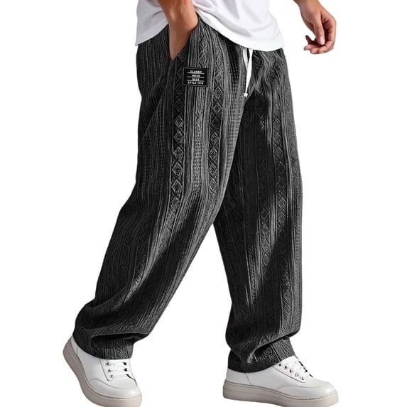 FINALGANG Mens Solid Color Cable Knit Textured Pants Elastic Waist Drawstring Loose Fit Small Label Accent Casual Trousers For Daily Wear Comfort Fashionable Bottoms