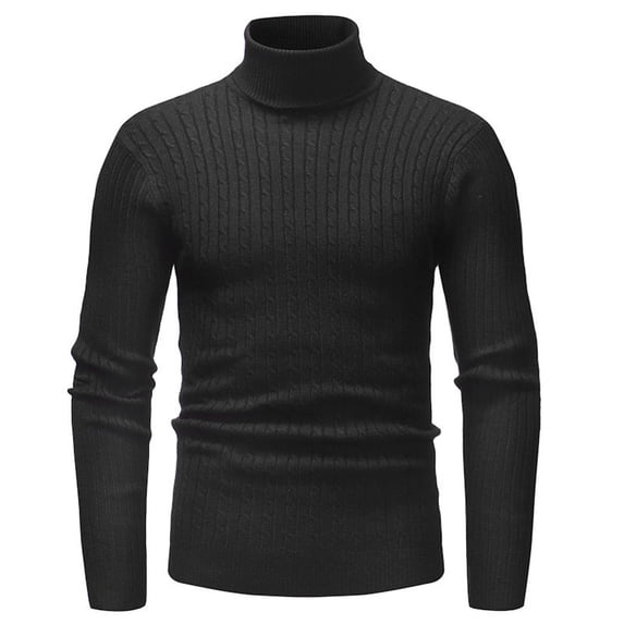 FINALGANG Mens Solid Color Cable Knit Turtleneck Sweater Long Sleeve Ribbed Hem Slim Fit Jumpsuit For Daily Wear Business Casual Black XXL