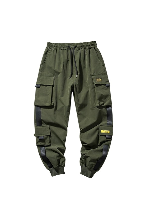 Mens Solid Color Cargo Jogger Pants Elastic Waist Drawstring Multiple Pockets Contrast Color Straps Lightweight Casual Trousers For Street Daily Wear Fashionable Bottoms