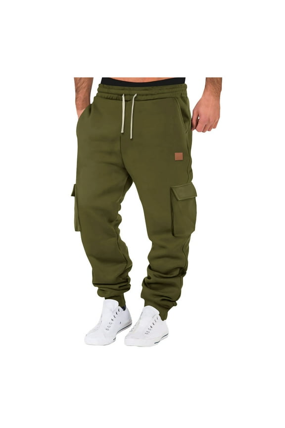 Mens Solid Color Cargo Jogger Pants Elastic Waist Drawstring Multiple Pockets Small Leather Label Patch Casual Trousers For Street Daily Wear Leisure Bottoms