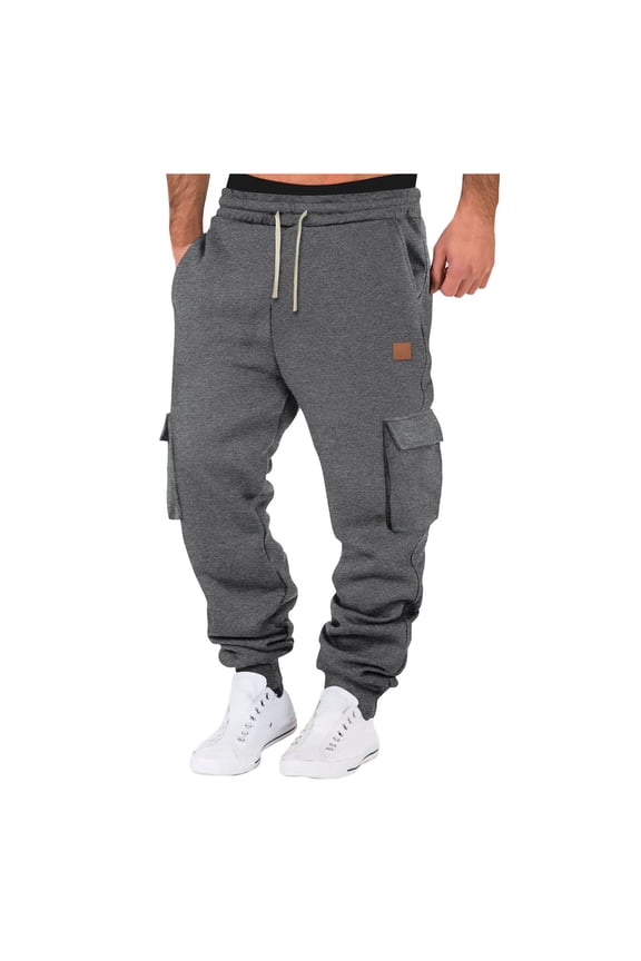 Mens Solid Color Cargo Jogger Pants Elastic Waist Drawstring Multiple Pockets Small Leather Label Patch Casual Trousers For Street Daily Wear Stylish Bottoms