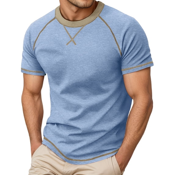 FINALGANG Mens Solid Color Crew Neck Short Sleeve Contrast Stitch Raglan TShirt For Casual Daily Wear Weekend Gatherings Outdoor Casual Activities Blue XXL