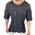 thumbnail image 1 of FINALGANG Mens Solid Color Crew Neck Short Sleeve Knit TShirt With Distressed Ripped Frayed Loose Fit For Casual Wear Festival Activities Leisure Tee, 1 of 3