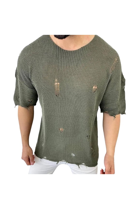 Mens Solid Color Crew Neck Short Sleeve Knit TShirt With Distressed Ripped Frayed Loose Fit For Casual Wear Festival Activities Soft Tee