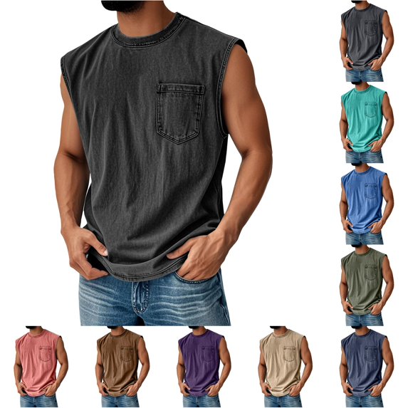 FINALGANG Mens Solid Color Crew Neck Texture Bust Pocket Sleeveless Loose Fit Vintage Soft Summer Street Daily Casual Pullover Tank Tops Trendy Top XL