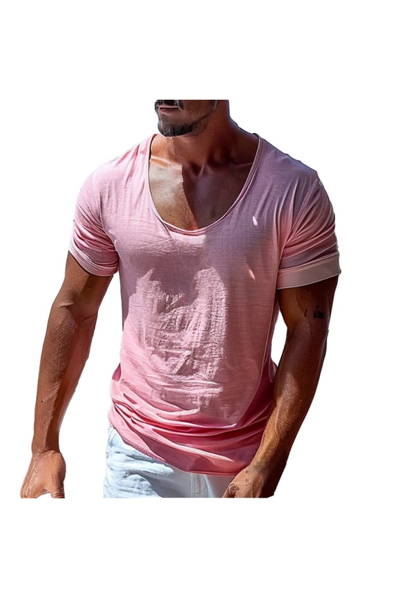 Mens Solid Color Deep U Neck Texture Short Sleeve T-Shirt Slim Fit Vintage Daily Beach Soft Breathable Casual Shirts For Daily Wear Classic Top Pink L