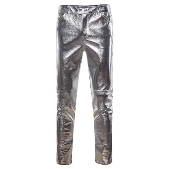 FINALGANG Mens Solid Color Leather Pants Slim Fit Button Closure Knee Panel Detail Casual Trousers For Daily Street Wear Versatile Bottoms