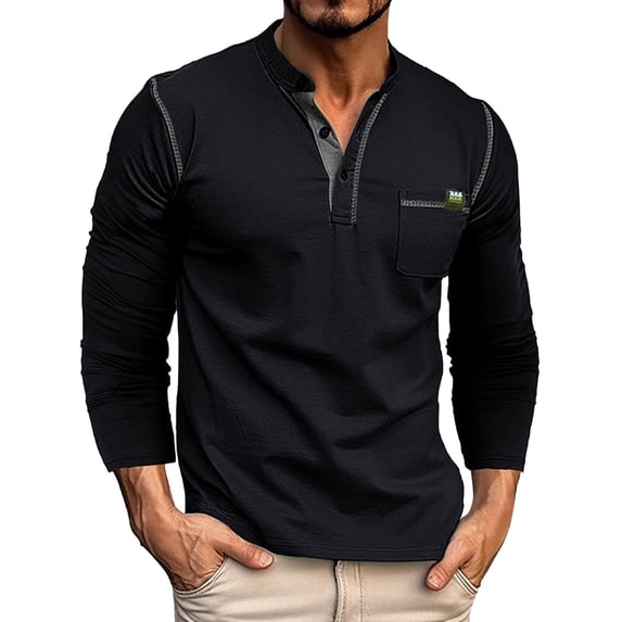 FINALGANG Mens Solid Color Long Sleeve Henley Shirt With Pocket Button Down Casual Shirt For Daily Work Streetwear Black M