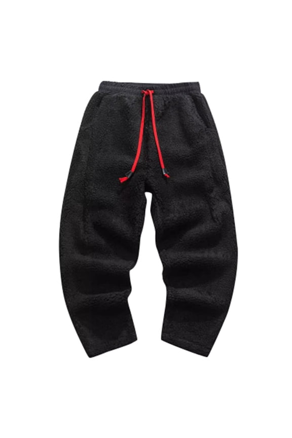 Mens Solid Color Plush Lined Jogger Pants Contrast Drawstring Elastic Waistband Soft Thermal Trousers For Cold Weather Casual Wear Stylish Bottoms