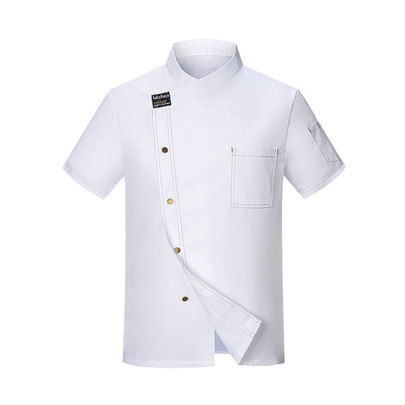 FINALGANG Mens Solid Color Short Sleeve Shirt With Asymmetric Button Placket Collared Embroidery Pocket Casual Top For Daily Wear White XXXXL