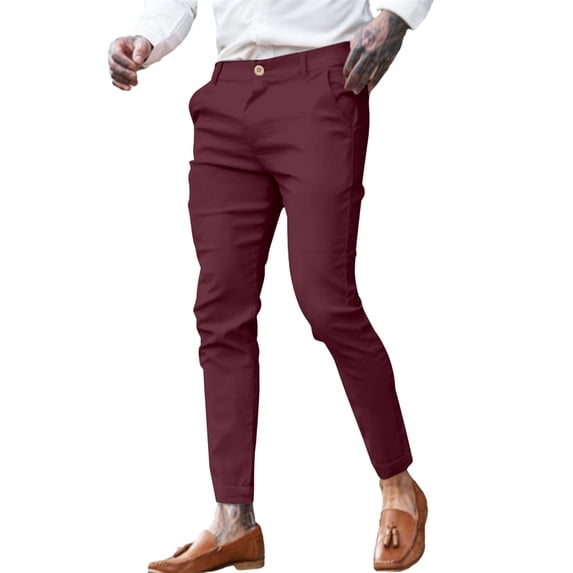 FINALGANG Mens Solid Color Slim Fit Chino Pants Mid Waisted Button Closure Ankle Length Breathable Casual Trousers For Business Casual Daily Wear Trendy Bottoms