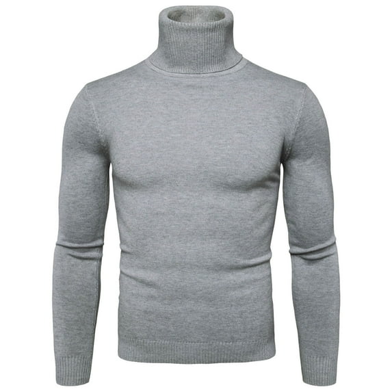 FINALGANG Mens Solid Color Slim Fit Turtleneck Sweater Long Sleeve Ribbed Hem Knit Casual Pullover For Daily Wear Cold Weather Gray M