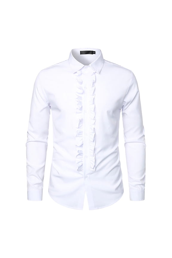 Mens Solid Color Spread Collar Long Sleeve Dress Shirt With Front Ruffle Trim Slim Fit For Fathers Day Gift Parties Stage Performances Daily Wear Cozy Top