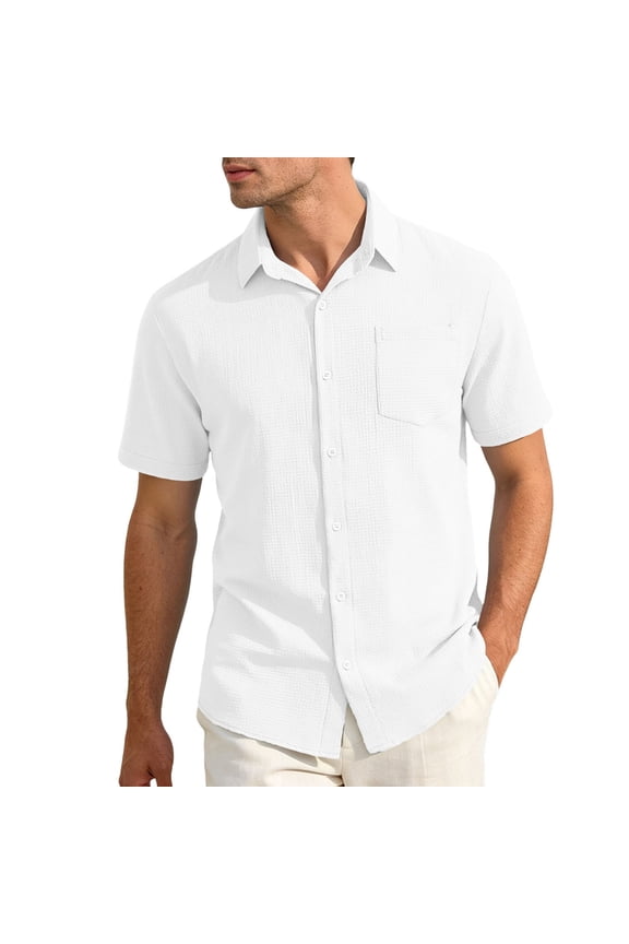 Mens Solid Color Spread Collar Short Sleeve Button Down Shirt With Bust Pocket Relaxed Fit For Fathers Day Gift Summer Casual Wear Office Work Everyday Outings Versatile Top