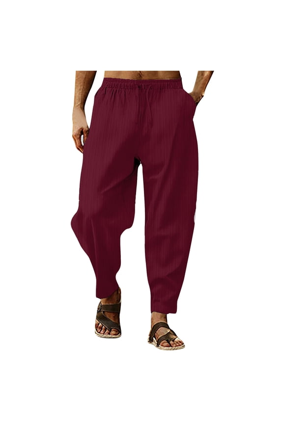 Mens Solid Color Striped Harem Pants Elastic Waist Drawstring Side Pockets Lightweight Breathable Casual Trousers For Streetwear Daily Wear Fashionable Bottoms