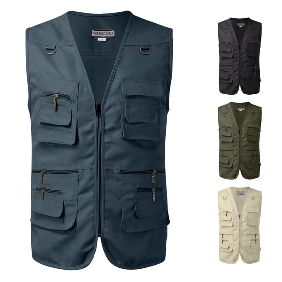 FINALGANG Mens Solid Color V Neck Full Zipper Multi Pocket Utility Vest Quick Dry Outdoor Fishing Workwear Casual Sleeveless Waistcoat Tops Stylish Top XL