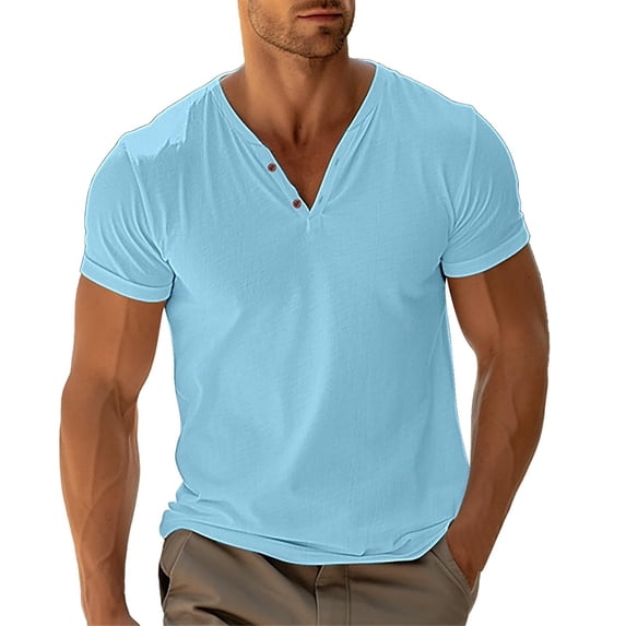 FINALGANG Mens Solid Color V Neck Short Sleeve Henley TShirt For Casual Daily Wear Weekend Gatherings Office Layering Blue M
