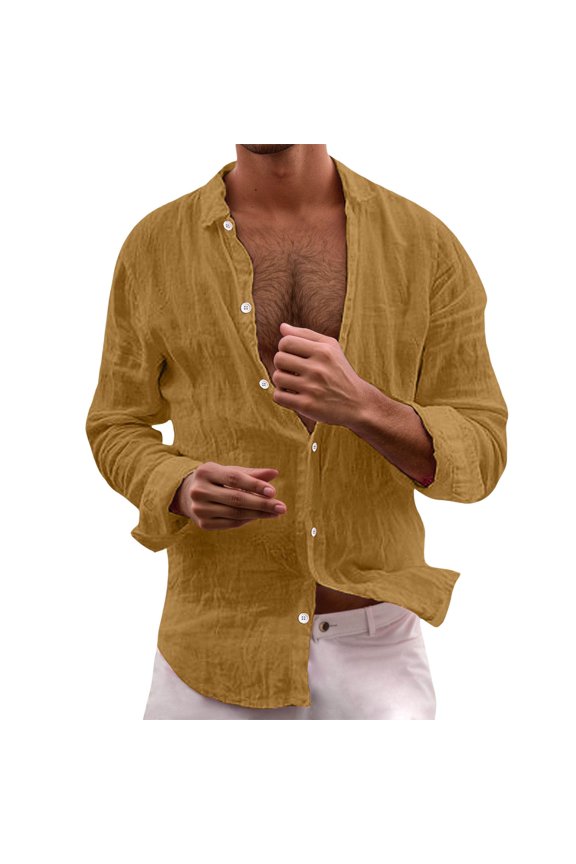 Mens Solid Color Washed Spread Collar Long Sleeve Button Down Shirt With Relaxed Fit For Fathers Day Gift Summer Beach Vacation Casual Daily Wear Soft Top