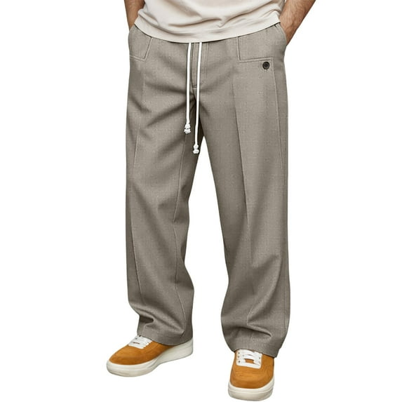 FINALGANG Mens Solid Color Wide Leg Trousers Elastic Waist Drawstring Casual Trousers For Streetwear Daily Wear Stylish Bottoms