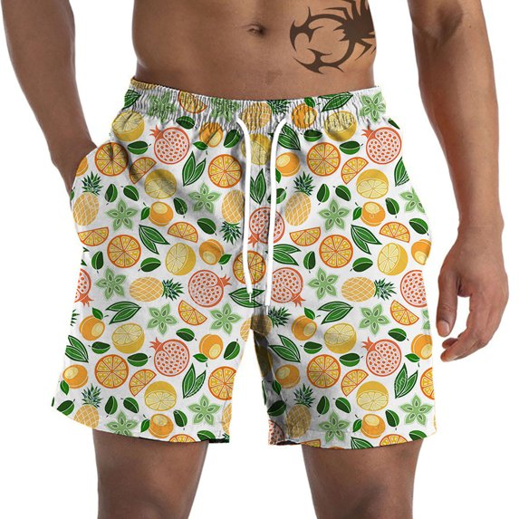 FINALGANG Mens Summer Pineapple Print Swim Shorts With Elastic Waist Drawstring Side Pockets Quick Dry Shorts For Summer Beach Vacation Casual Wear Yellow M