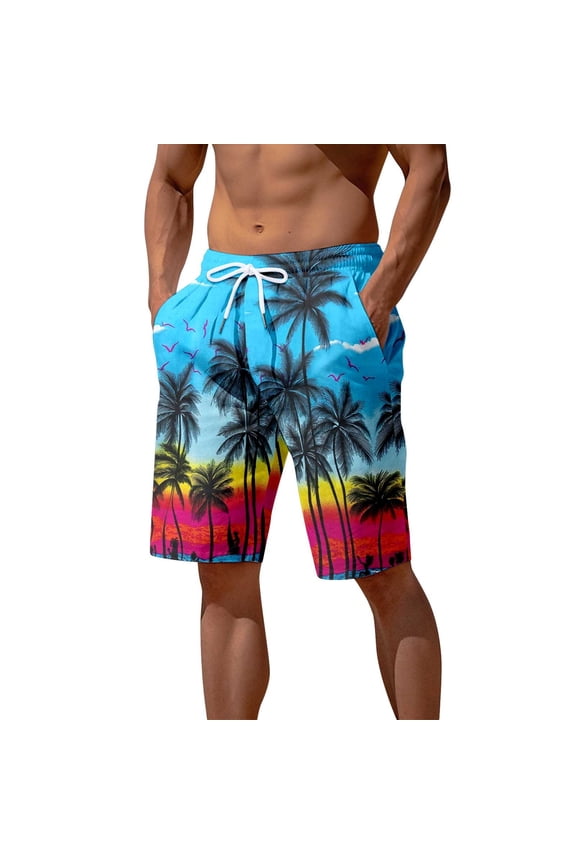 Mens Sunset Tree Print Board Shorts Casual Drawstring Waist Swim Trunks Quick Dry Beach Shorts With Side Pocket For Summer Vacation Beach Party Daily Wear Blue L