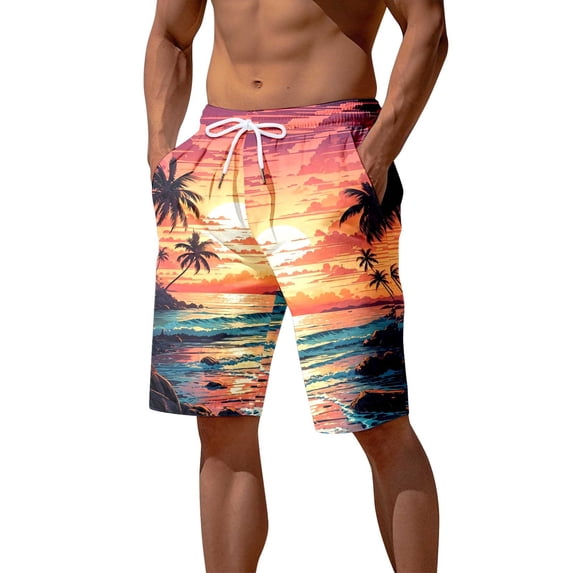 FINALGANG Mens Sunset Tree Print Board Shorts Casual Drawstring Waist Swim Trunks Quick Dry Beach Shorts With Side Pocket For Summer Vacation Beach Party Daily Wear Orange XXXL