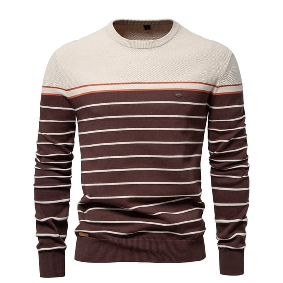 FINALGANG Mens Sweater Color Block Striped Long Sleeve Slim Fit Half High Neck Thermal Knitted Jumper For Cold Weather Daily Wear Brown L