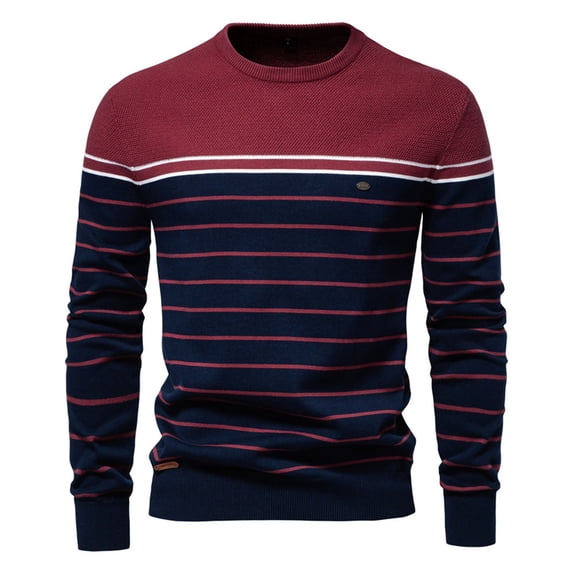 FINALGANG Mens Sweater Color Block Striped Long Sleeve Slim Fit Half High Neck Thermal Knitted Jumper For Cold Weather Daily Wear Red M