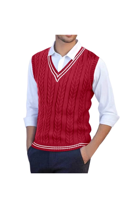 Mens Sweater Vest Cable Knit V Neck Sweater Vest With Contrast Trim Sleeveless Relaxed Fit Casual Jumper For Daily Office Outdoor Wear Trendy Knitwear