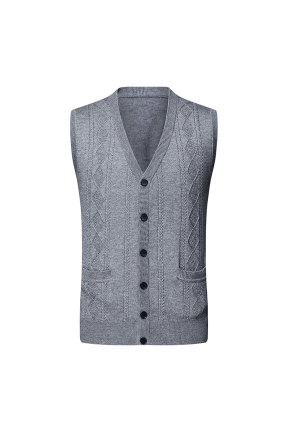 Mens Sweater Vest Solid Color Cable Knit Vest V Neck Button Front Sleeveless Pockets Casual Warm Cardigan Vest For Daily Outdoor Office Wear Fashionable Knitwear
