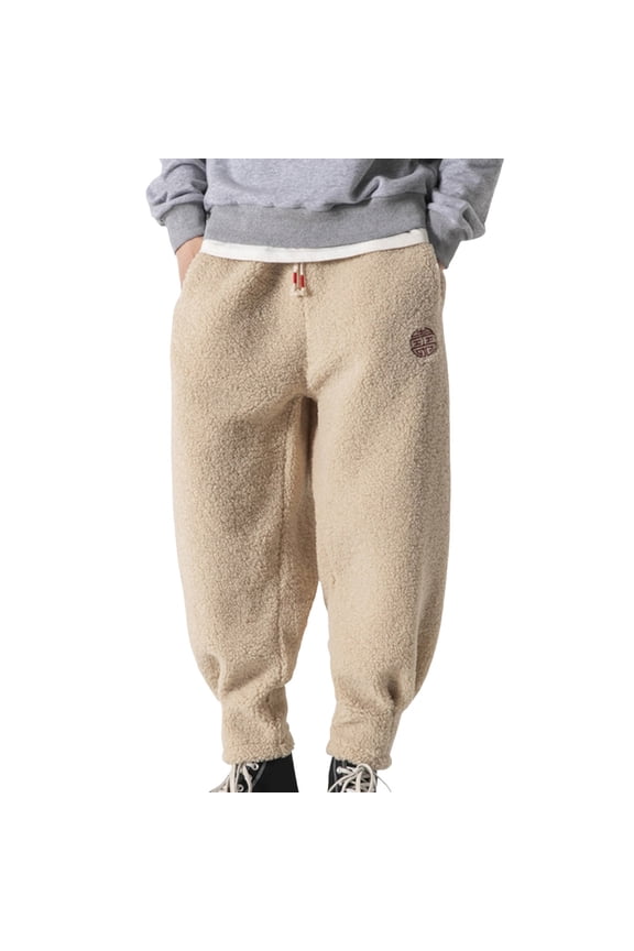 Mens Teddy Plush Jogger Pants Elastic Waist Drawstring Traditional Character Embroidery Casual Trousers For Street Daily Wear Stylish Bottoms