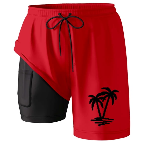 FINALGANG Mens Tree Print Board Shorts Casual Drawstring Waist Swim Trunks Quick Dry Beach Shorts With Side Pocket For Summer Surfing Daily Wear Red M