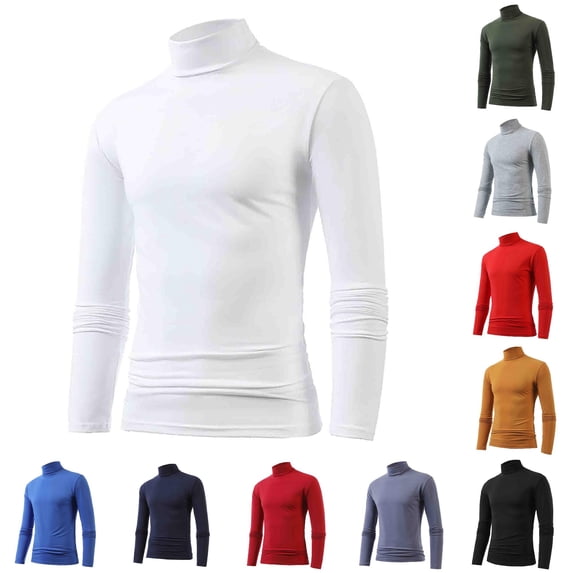 FINALGANG Mens Turtleneck High Neck Stretchy Soft Solid Color Long Sleeve Top Slim Fit Thermal Base Layer Daily Casual Shirts For Daily Wear Trendy Top White L