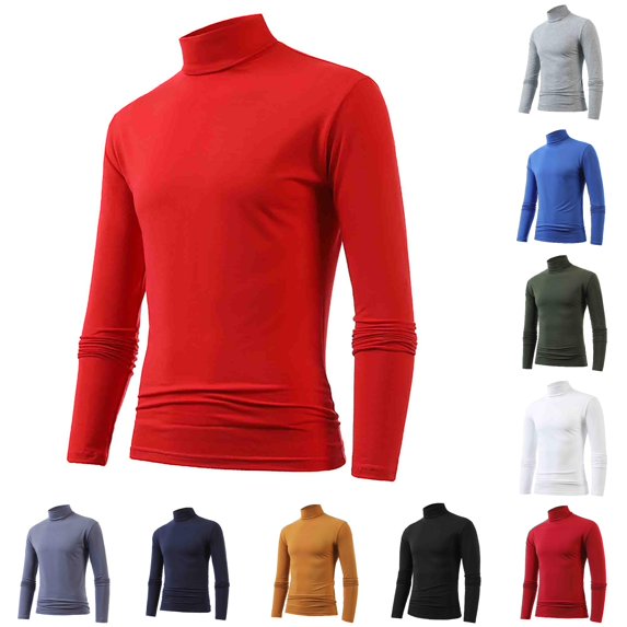 FINALGANG Mens Turtleneck High Neck Stretchy Soft Solid Color Long Sleeve Top Slim Fit Thermal Base Layer Daily Casual Shirts For Daily Wear Versatile Top Red L