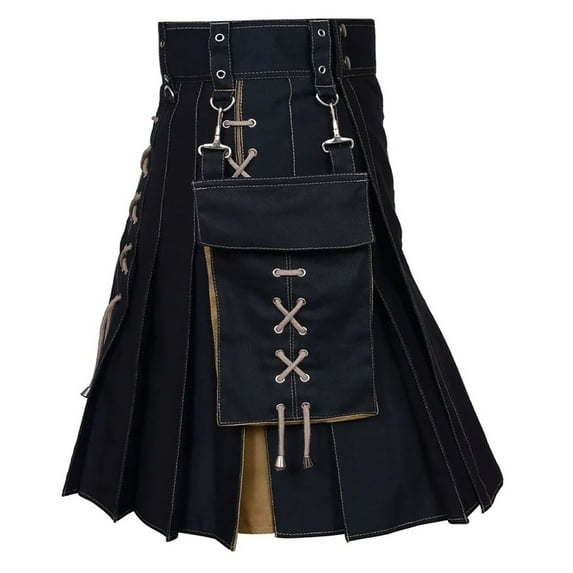 FINALGANG Mens Utility Kilt With Detachable Sporran Contrast Color Stitching Lace Up Durable Casual Kilts For Festivals Daily Wear Versatile Bottoms