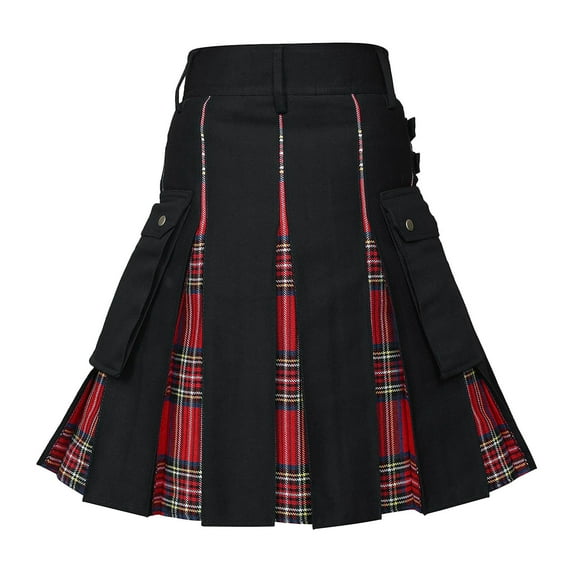 FINALGANG Mens Utility Kilt With Plaid Lining Adjustable Waist Straps Cargo Pockets Casual Kilt For Festivals Daily Wear Comfortable Bottoms