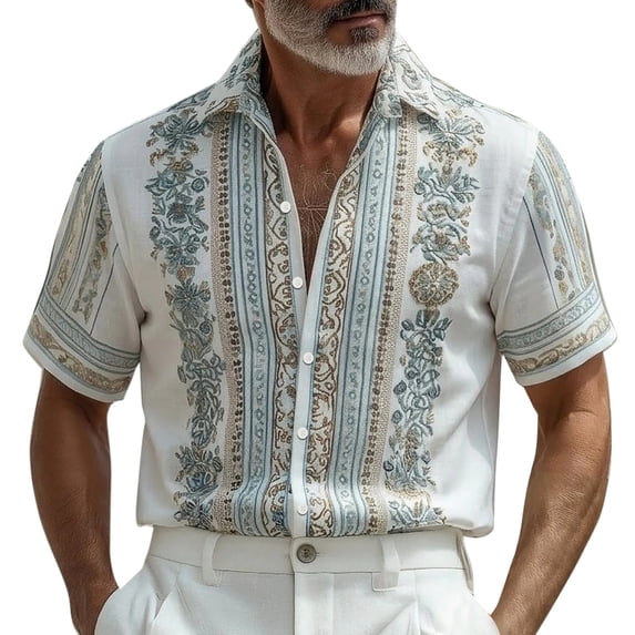 FINALGANG Mens Vintage Floral Print Short Sleeve Button Down Collared Shirt Casual Loose Fit Hawaiian Shirt For Beach Vacation Daily Streetwear Light Blue XXL