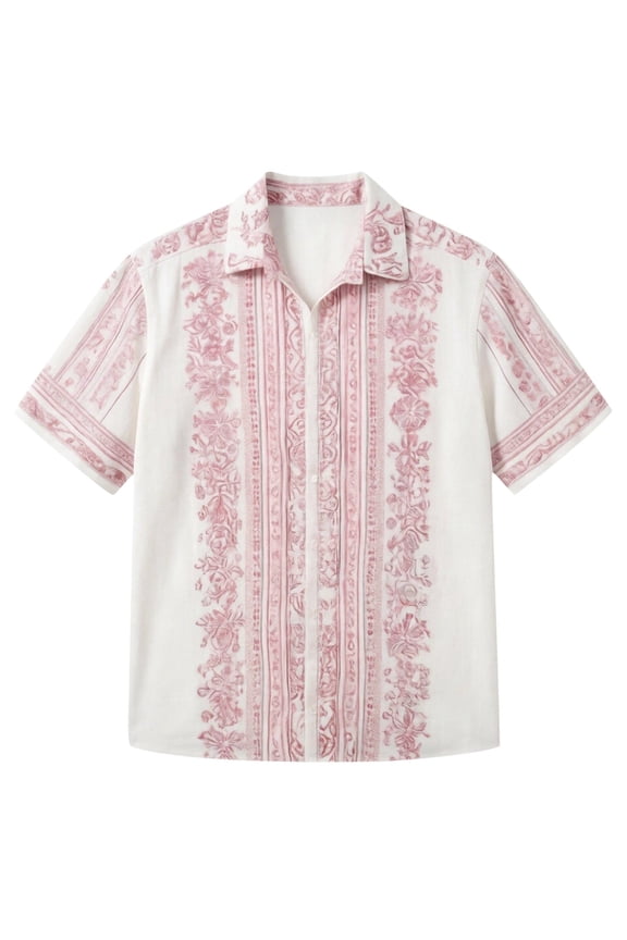 Mens Vintage Floral Print Short Sleeve Button Down Collared Shirt Casual Loose Fit Hawaiian Shirt For Beach Vacation Daily Streetwear Pink XXL