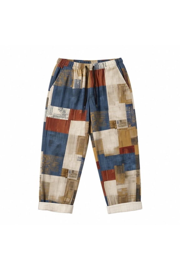 Mens Vintage Patchwork Print Pants Elastic Waist Drawstring Loose Fit Casual Trousers For Summer Daily Wear Blue L