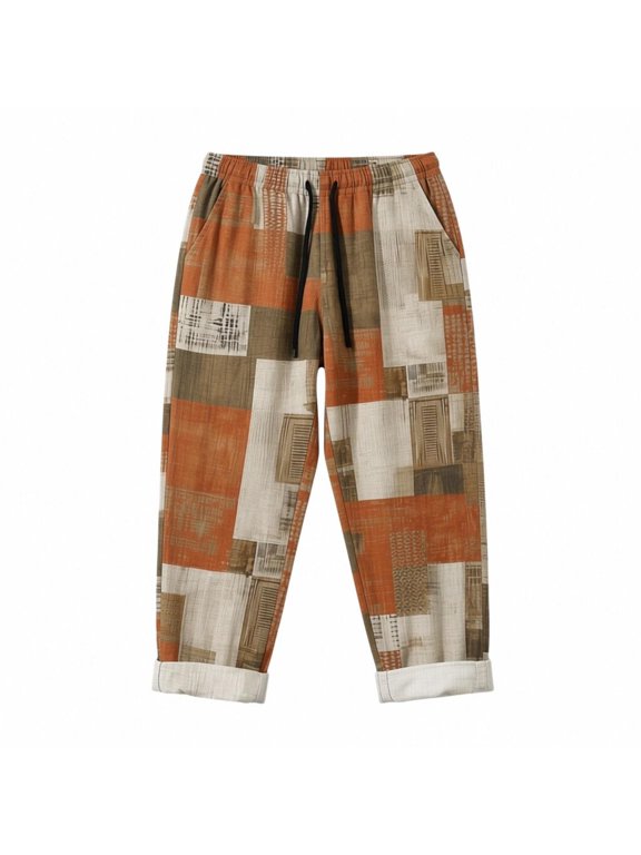 Mens Vintage Patchwork Print Pants Elastic Waist Drawstring Loose Fit Casual Trousers For Summer Daily Wear Orange L