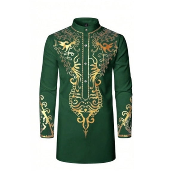 FINALGANG Mens Vintage Shirt With Gold Embroidery Bird Floral Patterns Long Sleeve Mandarin Collared Relaxed Fit Top For Holiday Daily Wear Green XXL