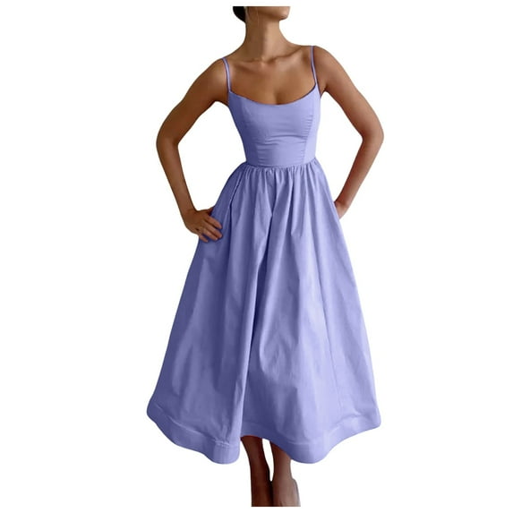FINALGANG New Dress For Women Solid Color Sleeveless O-Neck Pleated Hem Sexy Strap A-Line Sundress Leisure Daily Wear