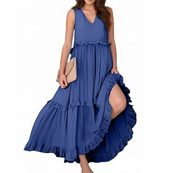 FINALGANG New Dresses For Women Solid Color Sleeveless V-Neck Bohemian Ruffled Hem Beach Long Dress Leisure Breathable Daily Wear