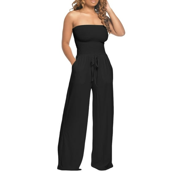 FINALGANG New Jumpsuit For Women Solid Color Strapless Loose Fit Onesie Wide Leg Drawstring Pants With Pockets Suitable For Travel Workout Office Home